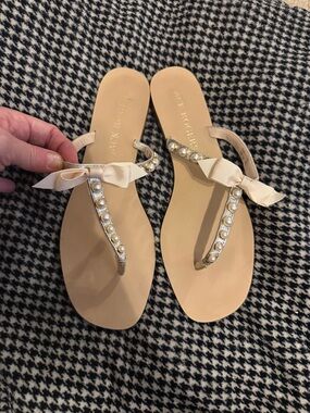 Jack Rogers Cream Pearl-Trim Bow Thong Sandals